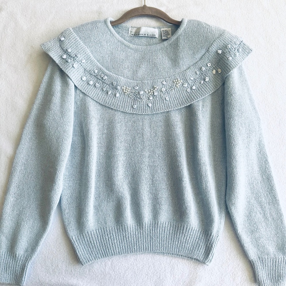 Vintage 80s Silk Angora Sweater Ribbon Pearl Embroidered Portrait Collar Bib